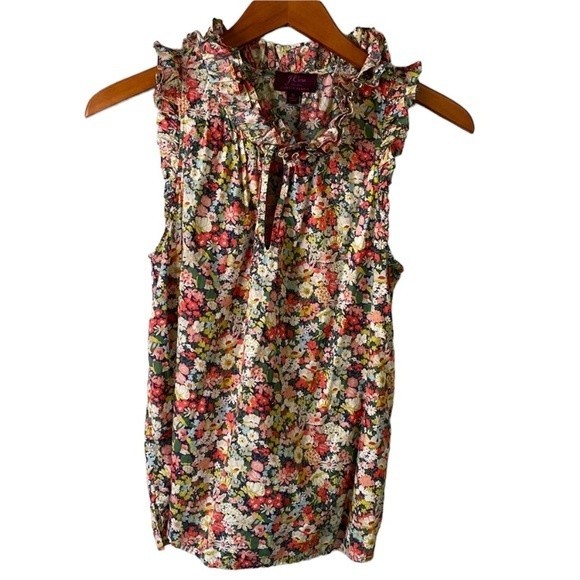 J. Crew Liberty Print Floral Ruffle Blouse Sleeveless Tie Split Neck Thorpe - Picture 3 of 16